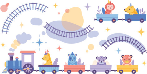 Cute animal train set with locomotive wagons and safari animals, playful kids transportation flat vector illustration © MdNazmul
