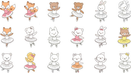 Cute ballerina animals collection with fox bear bunny cat dancing ballet characters in tutus cartoon vector illustration set © MdNazmul