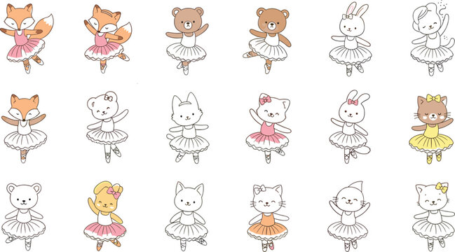Cute ballerina animals collection with fox bear bunny cat dancing ballet characters in tutus cartoon vector illustration set