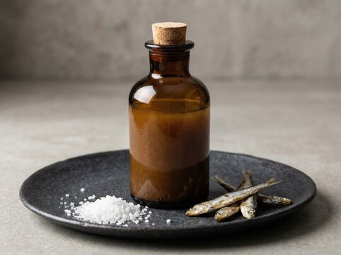 Artisan glass bottle filled with savory fish oil accompanied by sea salt and dried fish on a textured dark plate creating a refined culinary experience