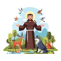 Naklejka premium Saint Francis With Animals And Nature