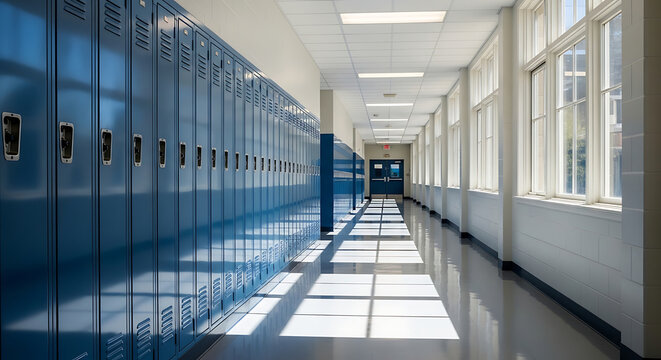 School Hallway with Blue Lockers and Bright Windows