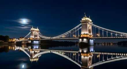 Fototapeta premium Nighttime suspension bridge over water with illuminated structures and sky reflection