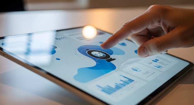 Person interacting with tablet showing data on a white table indoors