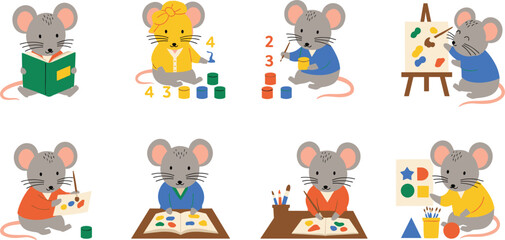 Obraz premium Cute mice learning and painting collection with reading counting drawing and classroom activities cartoon animal vector illustration set