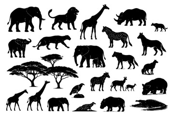 Fototapeta premium African wildlife silhouettes: giraffe, elephant, lion, zebra, rhino, crocodile.