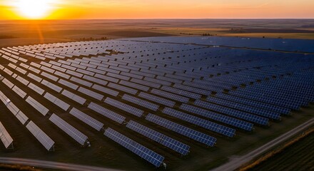 Obraz premium Solar farm reflecting the setting sun with rows of mirrors and energy collectors