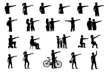 Fototapeta premium Diverse silhouettes of people pointing in varied poses and activities.
