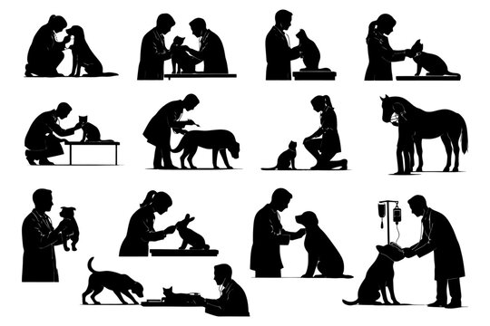 Veterinarian silhouettes in various animal care and treatment scenes.