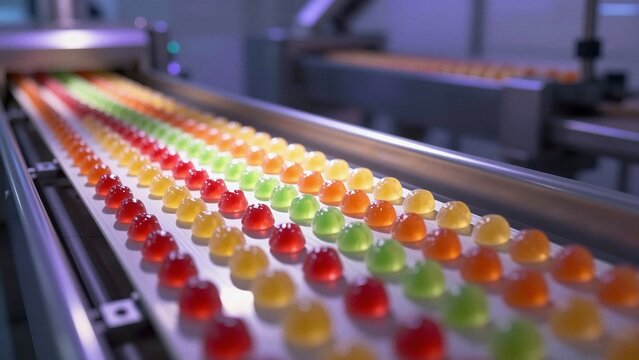 Rows of vibrant gummy candies on a moving conveyor belt in a modern food processing facility.
