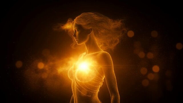 Glowing human heart animation female silhouette with luminous chest lighting in dark background medical healthcare visualization