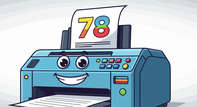 A cheerful cartoon printer with a smiling face and colorful buttons is printing a paper with the number 78 on it.