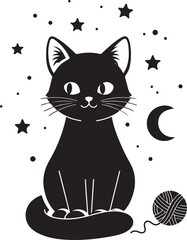 Obraz premium Whimsical silhouette cat under starry night sky with moon, Generative Ai