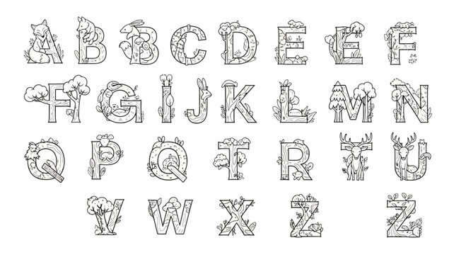 A vector graphic illustration of a whimsical alphabet set with letters decorated with trees and animals.