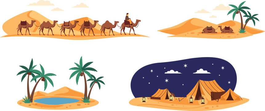 Desert landscape set with camel caravan oasis palm trees and nomadic tents, Arabian travel scene flat vector illustration