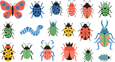 Colorful Insect Collection Vector Set Featuring Beetles, Bugs, Caterpillar and Butterfly in Flat Cartoon Style Isolated on White Background for Kids Design © Sanjida
