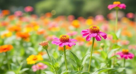 Obraz premium Vibrant pink and orange flowers in a lush green field on a sunny day with blurred background