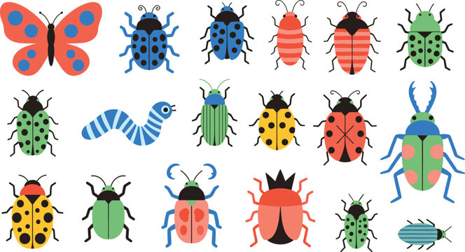 Colorful Insect Collection Vector Set Featuring Beetles, Bugs, Caterpillar and Butterfly in Flat Cartoon Style Isolated on White Background for Kids Design