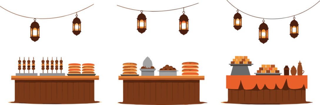 Ramadan iftar food stalls with hanging lanterns traditional sweets dates and festive market tables vector illustration set