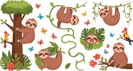 Fototapeta premium Playful Sloth Vector Set with Trees, Flowers, Butterflies, and Tropical Leaves for Nature, Wildlife, and Fun Designs