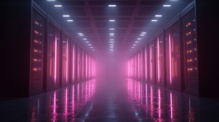 Fototapeta premium Glowing Server Corridor with Pink Neon Lighting