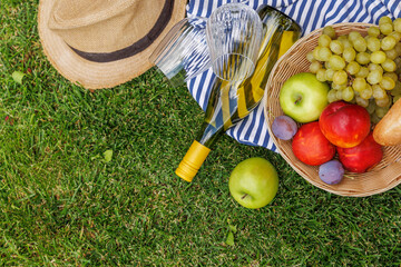 Obraz premium Picnic with wine, fruits, and baguette on a green meadow