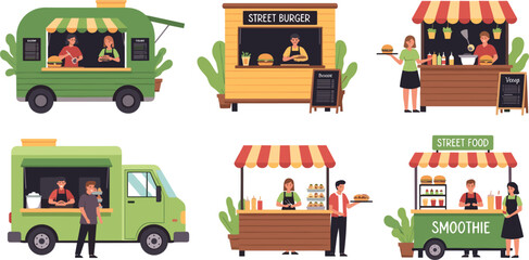 Street food vendors and food trucks collection with burger stands smoothie stalls and outdoor market scenes vector illustration set © MdNazmul