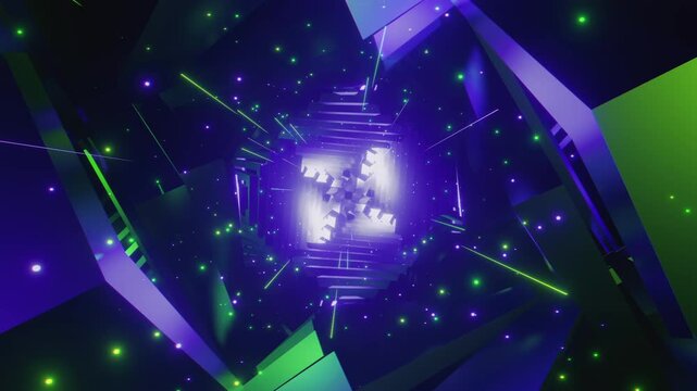 4k loop video of Dynamic rhythmic vj tunnel with interlocking angular shapes and glowing energy for VJ sets, high-tech club visuals,  electronic music festivals, stage screens and for LED video walls