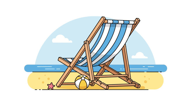 A vector graphic illustration of a beach chair and ball on a sandy shore