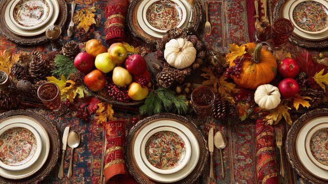 Festive Autumn Thanksgiving Table Setting with Abundant Harvest Decor