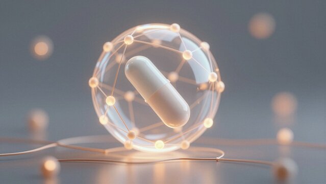 A white capsule within a glowing molecular network, symbolizing AI in pharmaceutical research and personalized healthcare.