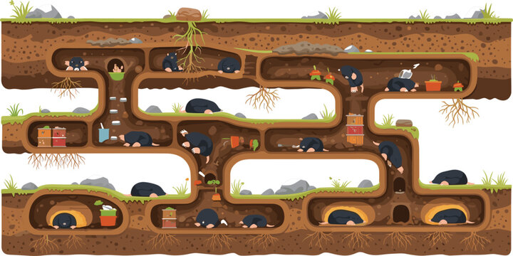 Underground mole tunnel system cross section with burrows chambers roots and small animals digging soil detailed cartoon vector illustration