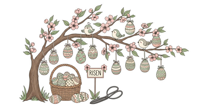 Whimsical tree adorned with hanging eggs and a basket of colorful eggs labeled for sale