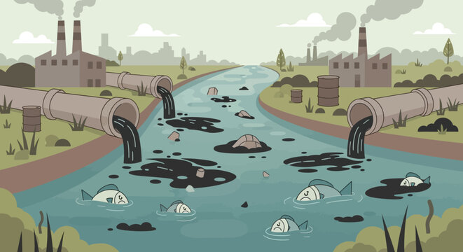 Pollution in waterway with dead fish and industrial waste