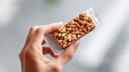Obraz premium Female hand holding granola nut bar with blank white foil mockup packaging, soft grey bokeh background with diffused light highlighting natural almond oat healthy snack product design details.