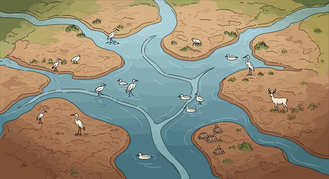 River delta ecosystem with birds and animals