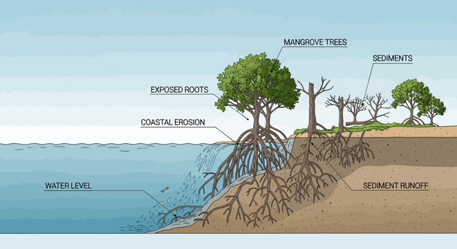 Coastal erosion and mangrove trees roots