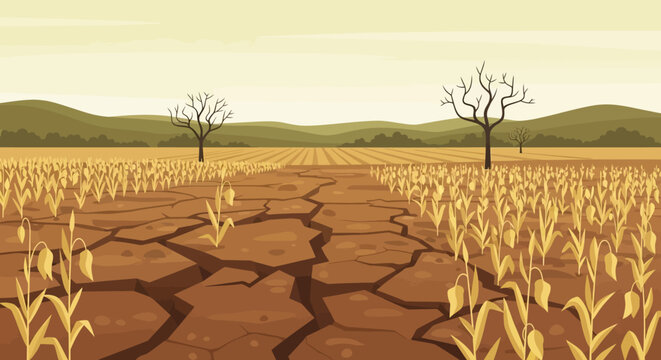 Dry cracked earth with withered plants and trees in drought landscape