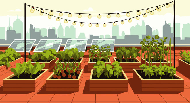 Urban rooftop garden with raised planters and cityscape background urban garden buildings