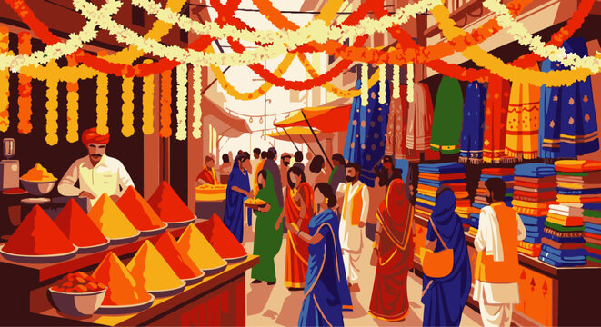Colorful indian marketplace with traditional sarees and spice vendors traditional clothing spices