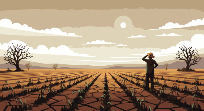 Farmer standing in dry cracked brown field with dead crops under a pale sky