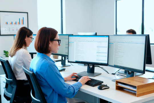 Women office employees working at desktop computers, managing digital documents and administrative workflow in corporate workspace. Ideal for business operations, productivity, data entry