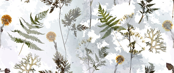 Magical forest, petal flower. Spring leaves, flowers. Floral seamless pattern. Soft watercolor background. Vector illustration. Vintage Template for textile, wallpaper.