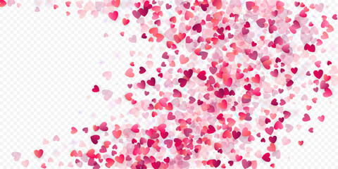 Heart love vector background. Valentine frame. Pink hearts confetti. Scattered love symbols. Random falling heart shape on transparent background. Beautiful Invitation, Greeting Card Illustration.