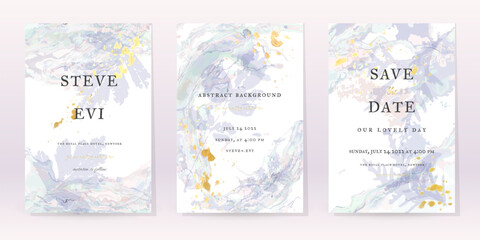 Purple Watercolor Set Vector Background. Flower Wedding Abstract Design. Gold Luxury Spray on Watercolor Marble Texture. Pastel Cold Tones Minimal Style. Frame Art For Prints and Invitations Cards.