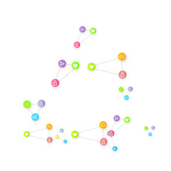 Social media marketing, Communication networking concept. Random icons social media services tags linked on white background. Comment, friend, like, share, target, message. Vector Internet concept.