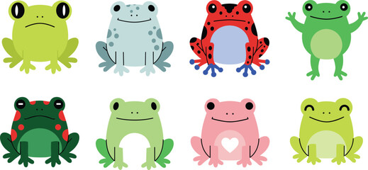 Obraz premium Cute Frog Vector Set with Colorful Species, Different Poses, and Playful Designs for Nature, Animals, and Cartoon Illustrations