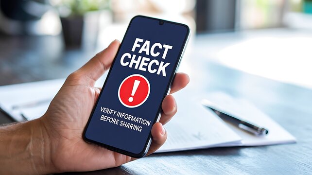 Hand holding smartphone with fact check alert for misinformation verification and news accuracy concept