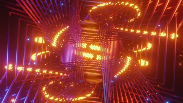 4k loop video of Dynamic rhythmic vj tunnel with interlocking angular shapes and glowing energy for VJ sets, high-tech club visuals,  electronic music festivals, stage screens and for LED video walls