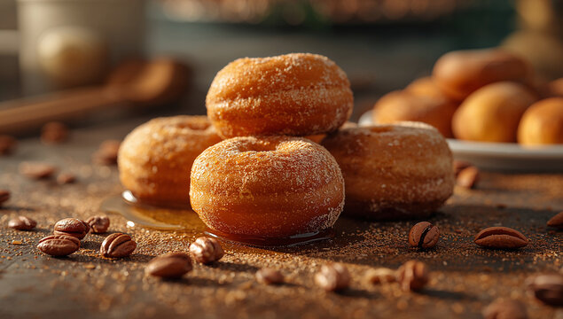 Stack of mini doughnuts coated in sugar, drizzled with honey, and surrounded by coffee beans and cinnamon, a tempting sweet treat, food photography
